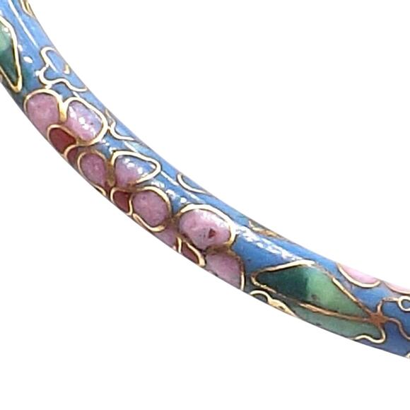 Vintage Cloisonne Floral Bangle Bracelet, Blue Pink Enamel, 7 3/4 Inch, 1960s - Picture 1 of 6